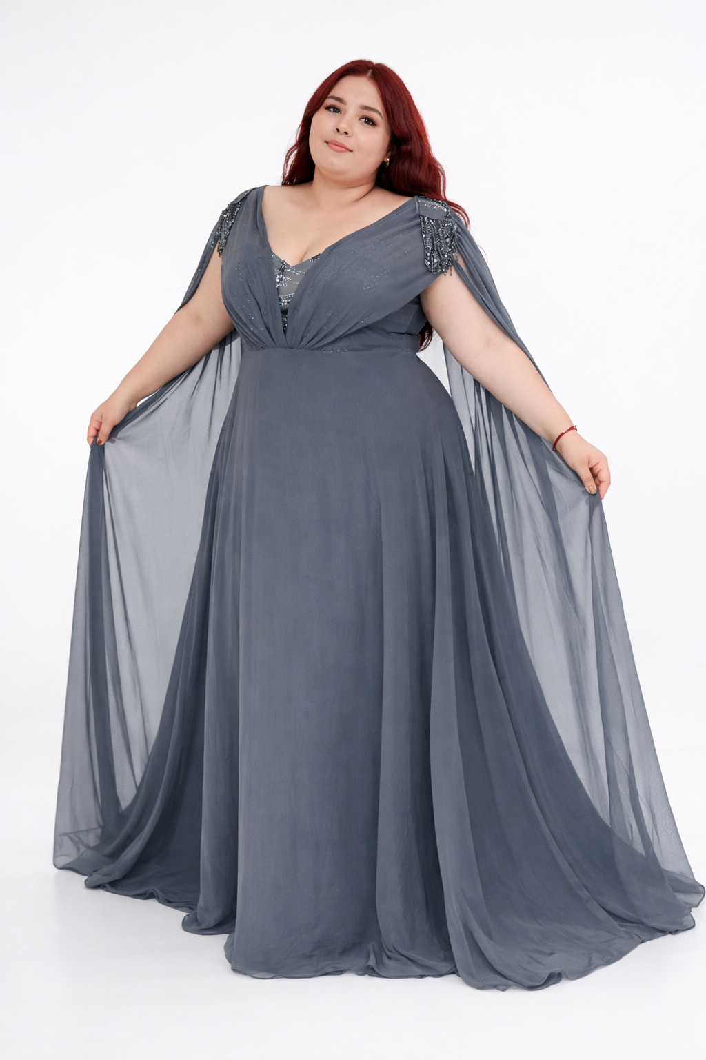 Charcoal Beaded Cape-Sleeve Evening Gown