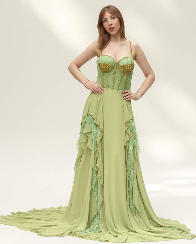Long pistachio green gown