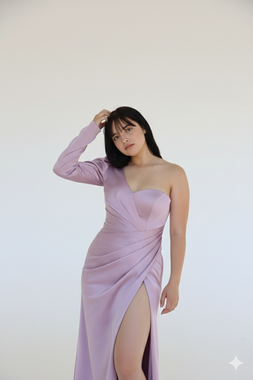 Blush Satin One-Sleeve Wrap Gown with Slit