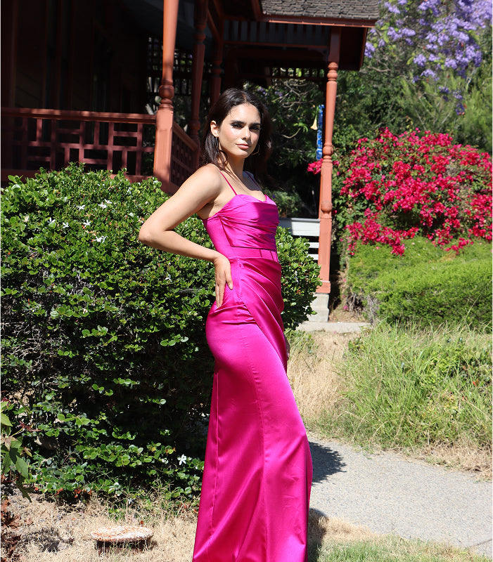 Long fuchsia-pink gown