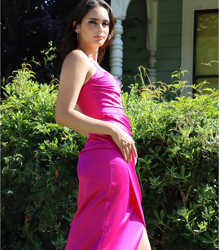 Long fuchsia-pink gown