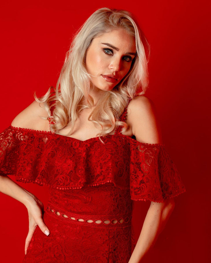 STRAPPY FLOUNCED LACE DRESS