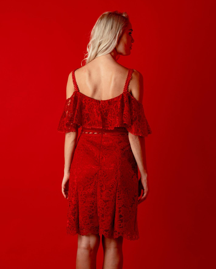 STRAPPY FLOUNCED LACE DRESS