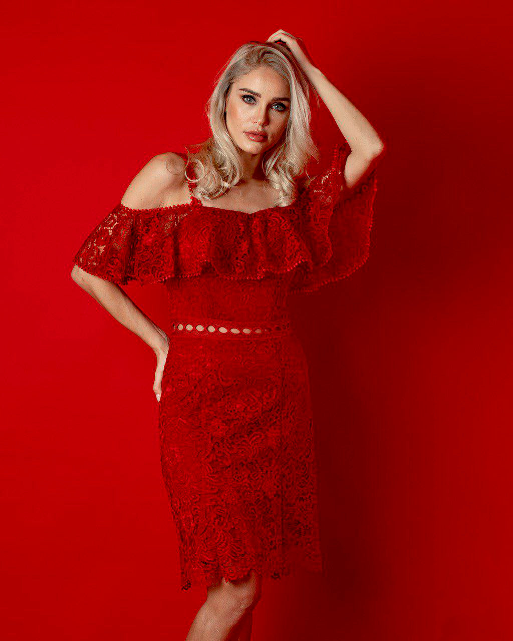 STRAPPY FLOUNCED LACE DRESS