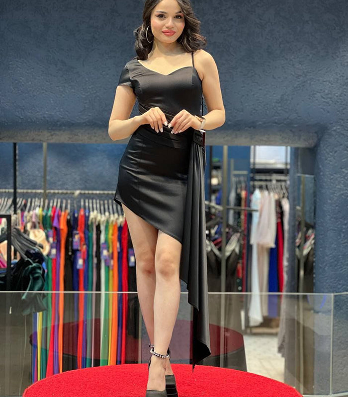 Asymmetric Draped Satin Mini Dress