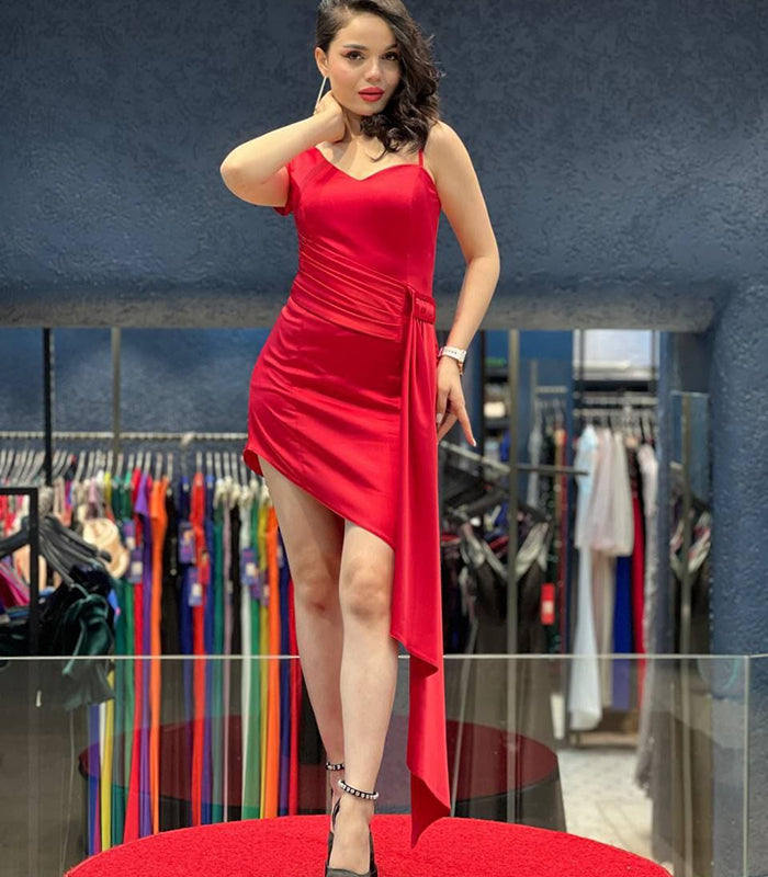 Asymmetric Draped Satin Mini Dress