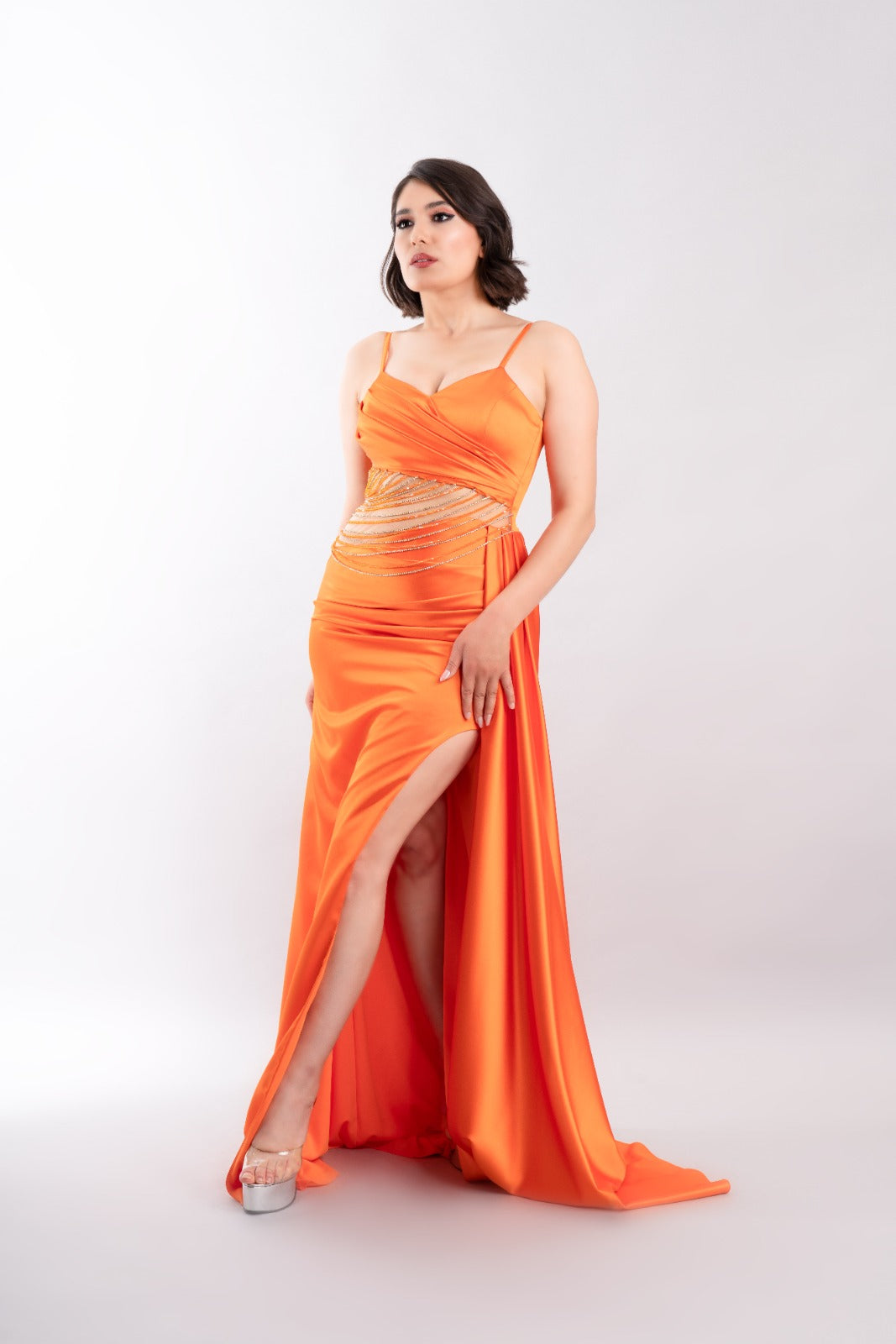 LONG SLEEVELESS SATIN DRESS