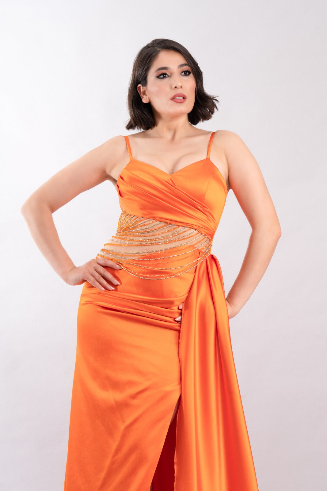 LONG SLEEVELESS SATIN DRESS