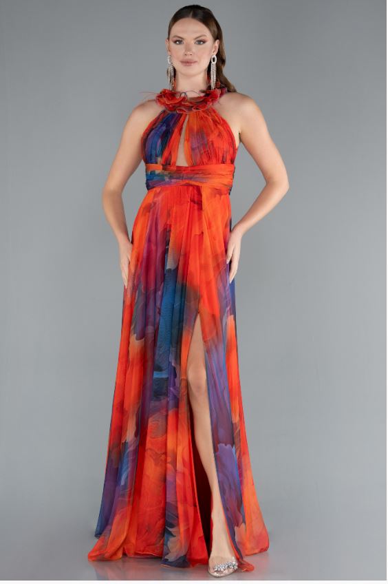 Watercolor Halter Neck Floral-Collar Evening Gown