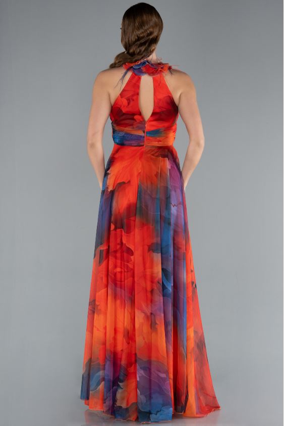 Watercolor Halter Neck Floral-Collar Evening Gown